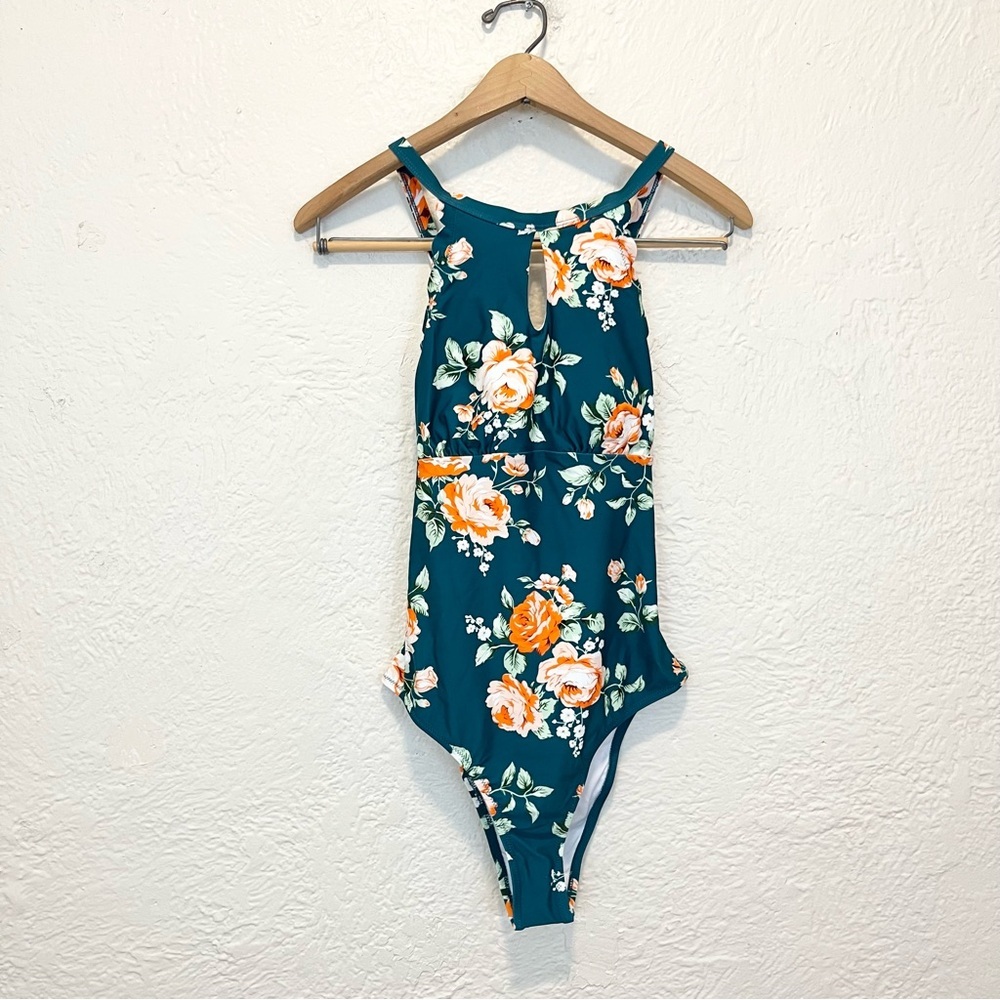Cupshe Teal Floral One-Piece Swimsuit with Orange & White Roses - Picture 2 of 8